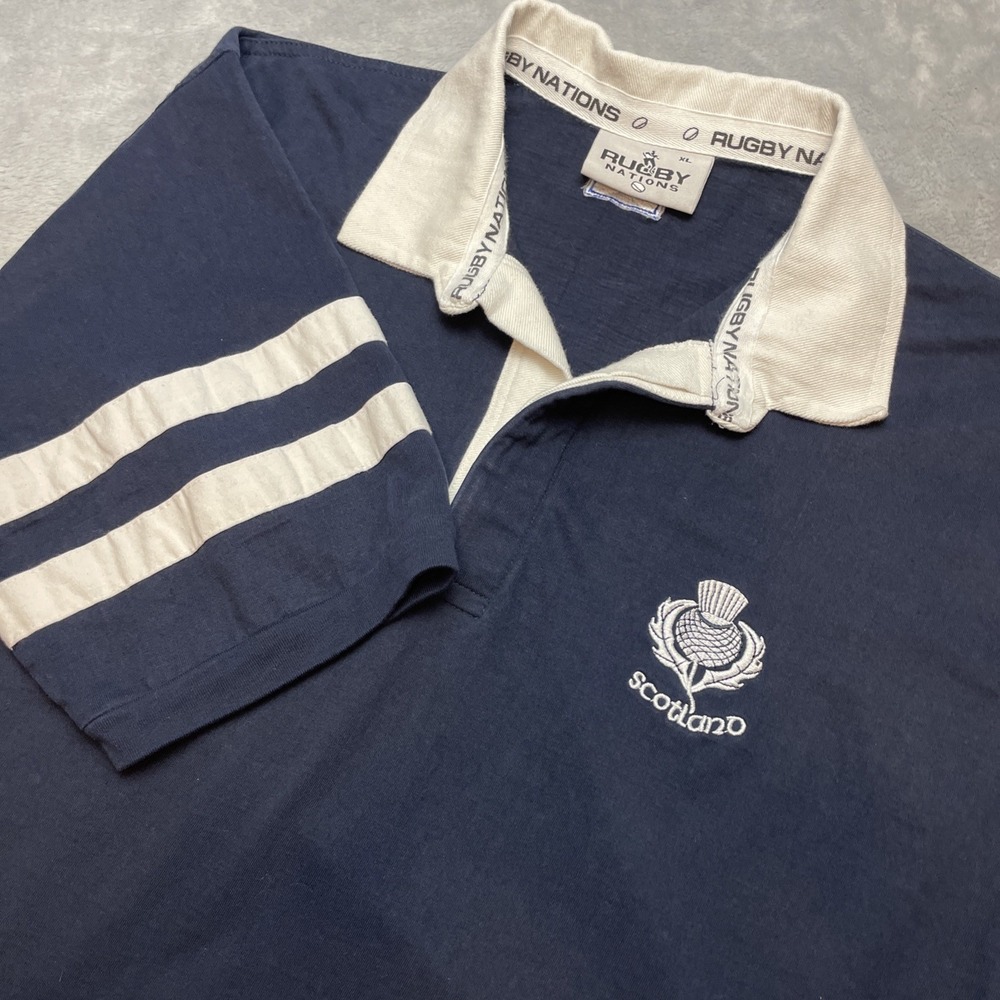 Vintage Rugby Nations Polo‎ Shirt Mens XL Navy Embroidered Scotland Thistle Flag